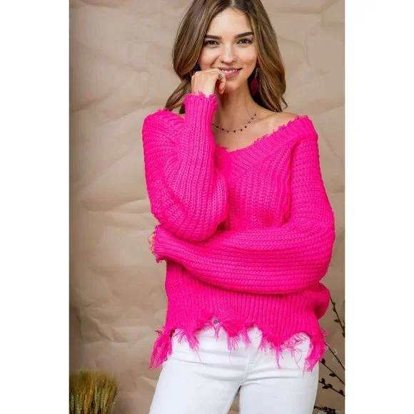 Main Strip Sweaters Main Strip Frayed Vneck Sweater Neon Pink Poshmark